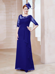 Robe en Mousseline à Manches Mi-longues et Décolleté Illusion avec Dentelle Bleu Royale