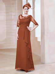 Robe en Mousseline à Manches Mi-longues et Décolleté Illusion avec Dentelle Rouille