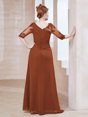 Robe en Mousseline à Manches Mi-longues et Décolleté Illusion avec Dentelle Rouille