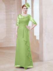 Robe en Mousseline à Manches Mi-longues et Décolleté Illusion avec Dentelle Sauge