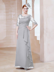 Robe en Mousseline à Manches Mi-longues et Décolleté Illusion avec Dentelle Argent