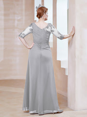 Robe en Mousseline à Manches Mi-longues et Décolleté Illusion avec Dentelle Argent Grande Taille