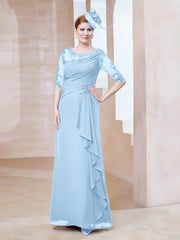 Robe en Mousseline à Manches Mi-longues et Décolleté Illusion avec Dentelle Bleu Ciel