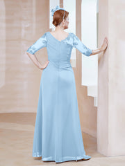 Robe en Mousseline à Manches Mi-longues et Décolleté Illusion avec Dentelle Bleu Ciel Grande Taille