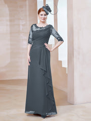 Robe en Mousseline à Manches Mi-longues et Décolleté Illusion avec Dentelle Bleu de Schiste Grande Taille