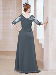 Robe en Mousseline à Manches Mi-longues et Décolleté Illusion avec Dentelle Bleu de Schiste Grande Taille
