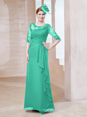 Robe en Mousseline à Manches Mi-longues et Décolleté Illusion avec Dentelle Spa