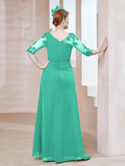 Robe en Mousseline à Manches Mi-longues et Décolleté Illusion avec Dentelle Spa
