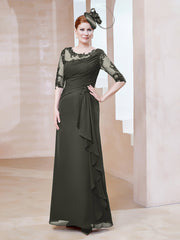 Robe en Mousseline à Manches Mi-longues et Décolleté Illusion avec Dentelle Gris Acier Grande Taille