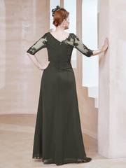 Robe en Mousseline à Manches Mi-longues et Décolleté Illusion avec Dentelle Gris Acier Grande Taille