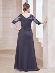 Robe en Mousseline à Manches Mi-longues et Décolleté Illusion avec Dentelle Orageux Grande Taille