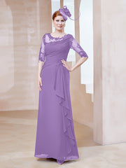Robe en Mousseline à Manches Mi-longues et Décolleté Illusion avec Dentelle Tahiti Grande Taille