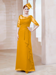 Robe en Mousseline à Manches Mi-longues et Décolleté Illusion avec Dentelle Mandarine Grande Taille
