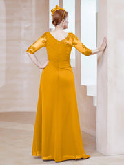 Robe en Mousseline à Manches Mi-longues et Décolleté Illusion avec Dentelle Mandarine Grande Taille