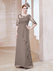 Robe en Mousseline à Manches Mi-longues et Décolleté Illusion avec Dentelle Taupe