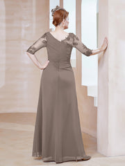 Robe en Mousseline à Manches Mi-longues et Décolleté Illusion avec Dentelle Taupe