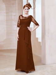Robe en Mousseline à Manches Mi-longues et Décolleté Illusion avec Dentelle Terracotta