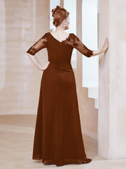 Robe en Mousseline à Manches Mi-longues et Décolleté Illusion avec Dentelle Terracotta Grande Taille