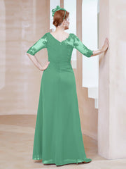 Robe en Mousseline à Manches Mi-longues et Décolleté Illusion avec Dentelle Turquoise
