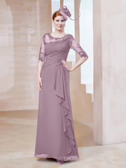 Robe en Mousseline à Manches Mi-longues et Décolleté Illusion avec Dentelle Vintage Mauve