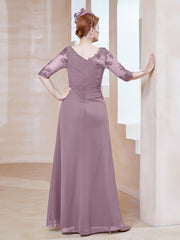 Robe en Mousseline à Manches Mi-longues et Décolleté Illusion avec Dentelle Vintage Mauve