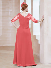 Robe en Mousseline à Manches Mi-longues et Décolleté Illusion avec Dentelle Pastèque Grande Taille