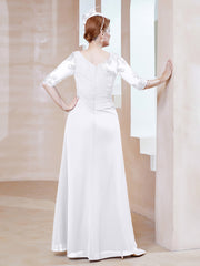 Robe en Mousseline à Manches Mi-longues et Décolleté Illusion avec Dentelle Blanc Grande Taille