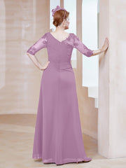 Robe en Mousseline à Manches Mi-longues et Décolleté Illusion avec Dentelle Glycine