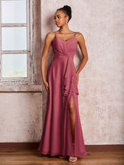 Robe en Mousseline à Volants et Col en V avec Jupe en Cascade et Fente Cannelle Rose