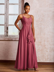 Robe en Mousseline à Volants et Col en V avec Jupe en Cascade et Fente Cannelle Rose