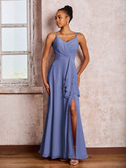 Robe en Mousseline à Volants et Col en V avec Jupe en Cascade et Fente Pervenche