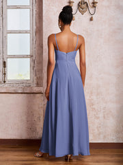 Robe en Mousseline à Volants et Col en V avec Jupe en Cascade et Fente Pervenche