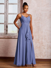 Robe en Mousseline à Volants et Col en V avec Jupe en Cascade et Fente Pervenche