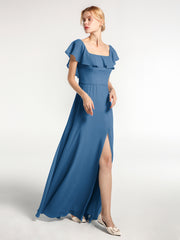 Robe Longue en Mousseline à Encolure Carrée avec Fente sur le Devant Bleu Encre