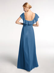 Robe Longue en Mousseline à Encolure Carrée avec Fente sur le Devant Bleu Encre