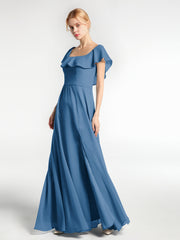 Robe Longue en Mousseline à Encolure Carrée avec Fente sur le Devant Bleu Encre