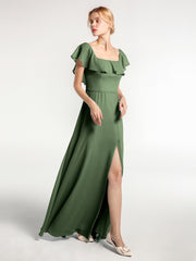 Robe Longue en Mousseline à Encolure Carrée avec Fente sur le Devant Olive Verte Grande Taille