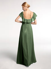 Robe Longue en Mousseline à Encolure Carrée avec Fente sur le Devant Olive Verte Grande Taille