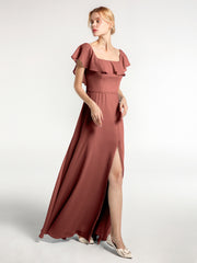 Robe Longue en Mousseline à Encolure Carrée avec Fente sur le Devant terracotta