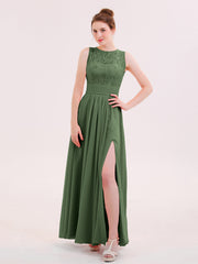 Robe Col d'Illusin Dentelle et Mousseline avec Fente Olive Verte Grande Taille