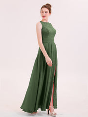 Robe Col d'Illusin Dentelle et Mousseline avec Fente Olive Verte