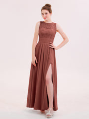 Robe Col d'Illusin Dentelle et Mousseline avec Fente terracotta