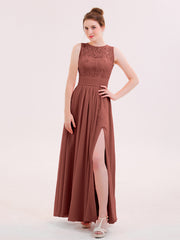 Robe Col d'Illusin Dentelle et Mousseline avec Fente terracotta Grande Taille