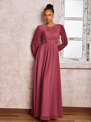 Robe Trapèze Froncée en Mousseline à Col Bateau avec Manches Longues Cannelle Rose