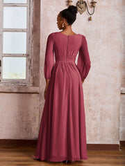 Robe Trapèze Froncée en Mousseline à Col Bateau avec Manches Longues Cannelle Rose