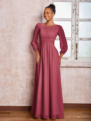 Robe Trapèze Froncée en Mousseline à Col Bateau avec Manches Longues Cannelle Rose