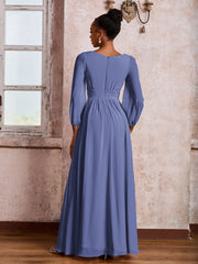 Robe Trapèze Froncée en Mousseline à Col Bateau avec Manches Longues Pervenche