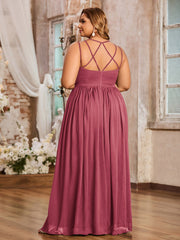 Double Bretelles Mousseline Robes Avec Col En Cœur Cannelle Rose Grande Taille