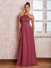 Maxi Robe en Mousseline Sans Manches avec Haut en Dentelle à Col Licou Cannelle Rose