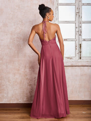 Maxi Robe en Mousseline Sans Manches avec Haut en Dentelle à Col Licou Cannelle Rose